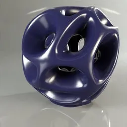 Detailed 3D model depicting a shiny, blue voronoi-style ceramic sculpture with intricate holes.