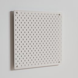 "3D model of Ikea Skadis office storage wall panel, designed with white perforated surface inspired by Carol Bove and precisionism art style. Perfect for organizing your workspace. Created in Blender 3D software."