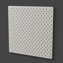 "3D model of Ikea Skadis office storage wall panel, designed with white perforated surface inspired by Carol Bove and precisionism art style. Perfect for organizing your workspace. Created in Blender 3D software."