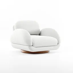 Modern 3D modeled white armchair with textured fabric and a rounded wooden base, compatible with Blender.