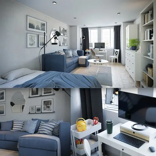 Realistic Blender 3D model of multi-functional living space with PBR textures and unique materials.