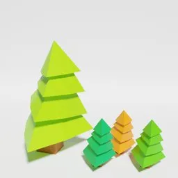 Colorful low poly pine 3D models in various sizes designed for Blender rendering.