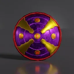 "Kavyani Shield 3D model for Blender 3D - a purple and gold energy shield inspired by Derafesh Kaviani for military sci-fi purposes. Featuring a medieval coin texture and mechanized art concept from Vermintide 2 video game, this AI generated model is perfect for 3D enthusiasts and video game developers alike."