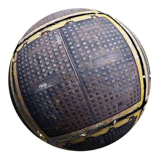 Rusty metal manhole cover texture with realistic weathered details, ideal for 3D modeling and PBR workflows.