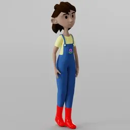 "Utel Character Rigged: a 3D female model inspired by Emily Murray Paterson, with a blue and yellow outfit, grey mouse ears, and ready-to-animate rigging. Ideal base mesh with low polygon count and clean topology, perfect for Blender 3D projects."