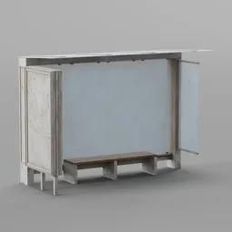 "High-detail 3D model of a classic bus stop with a small white bench in front of a white wall. Perfect for adding realism to your street scenes in Blender 3D. Inspired by Govert Dircksz Camphuysen and exhibited at the British Museum."