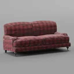 Highly detailed red checkered vintage fabric sofa 3D model with textures, ideal for Blender rendering projects.
