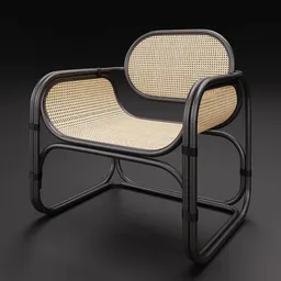 "3D model of a black wooden rattan chair, modeled after existing furniture from Urban Outfitters. Created using Blender 3D software and featuring a woven seat and sleek design. Perfect for adding a touch of elegance to any virtual space."