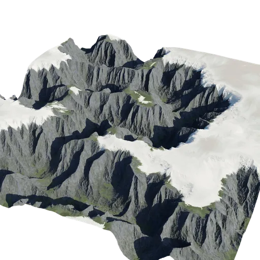 Detailed 3D mountain model with snowy peaks and 4K textures for Blender rendering.
