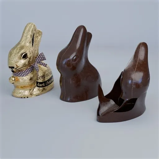 Realistic chocolate Easter bunny 3D models in various states, ideal for Blender rendering.