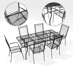 "Metal mesh seating set: a high-poly, procedural textured 3D model for Blender 3D. This chair and table set features a dark, disassembled design with mirror accents. Ideal for architectural visualizations, this unique furniture collection adds a contemporary touch to any scene."