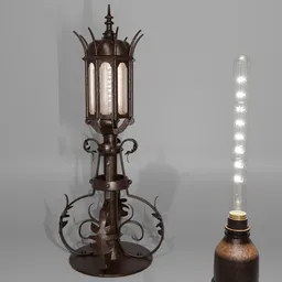 Detailed 3D model of an iron garden lantern with Edison E27 bulb for Blender.