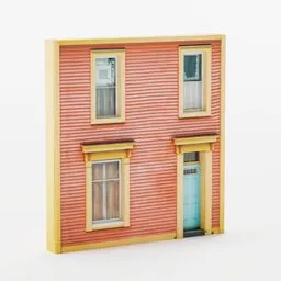 "Blender 3D model of a low-poly house front with PBR textures. Features a blue door and windows, Montreal-styled texturing, and a 2D side view. Perfect for architectural visualization and game development projects."