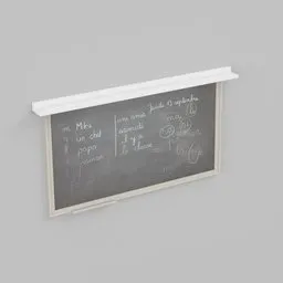 "3D model of an agriculture-themed Blackboard created in Blender 3D. The blackboard features white chalk writings and is mounted on a wall with white plank siding. The design is inspired by the Simón Stålenhag style, with smooth curves and glass and metal accents."