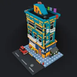 "Game-ready lowpoly apartment in Blender 3D with a parked car on the street. Isometric voxel art style with complimentary colors, perfect for highrise business district or favela scenes. Inspired by Oswaldo Guayasamín and rendered in a Fortnite art style."