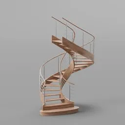 "Rosewood Staircase - A minimalist 3D model of a spiral staircase with wooden furniture. Featuring 19 steps, a handrail, and a smooth metal design in the style of neodada. Perfect for Blender 3D enthusiasts looking to add a unique touch to their projects."