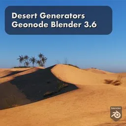 Procedural desert dunes 3D model with palm trees for Blender 3.6, featuring geometry node setup and ready-to-render assets.