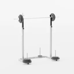 Detailed 3D rendering of a barbell stand with weights, designed in Blender, suitable for gym equipment visualization.