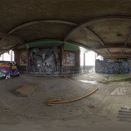 360-degree graffiti-covered industrial dome interior HDR for realistic scene lighting.