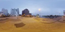 Urban waterfront HDR panorama for realistic lighting and reflections in 3D scenes.