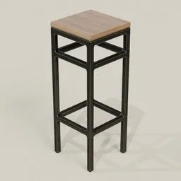 Highly detailed Blender 3D bar-stool model featuring a wooden seat and steel legs for rendering and animation.