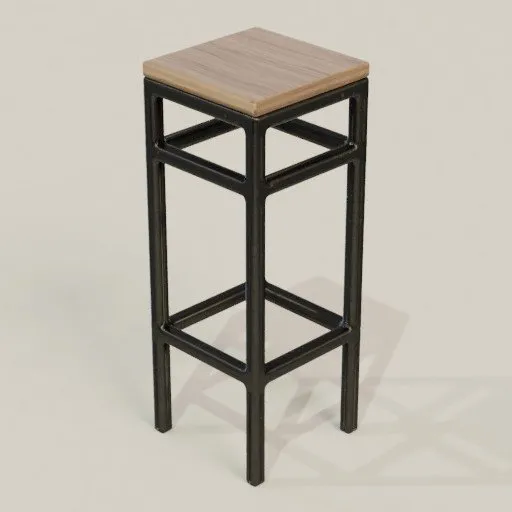 Highly detailed Blender 3D bar-stool model featuring a wooden seat and steel legs for rendering and animation.