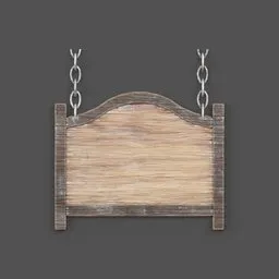Detailed 3D wooden sign model with metal chains for Blender, ideal for vintage or medieval scenes.