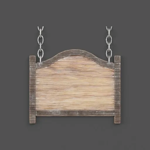 Detailed 3D wooden sign model with metal chains for Blender, ideal for vintage or medieval scenes.
