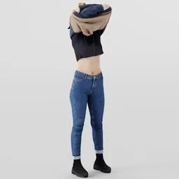 Blonde 3D model in jeans and boots lifting sweater over head, showcasing detailed torso and navel, with hair in a bun.