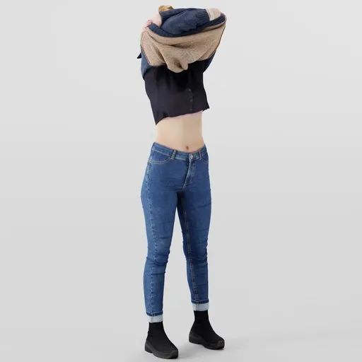 Blonde 3D model in jeans and boots lifting sweater over head, showcasing detailed torso and navel, with hair in a bun.