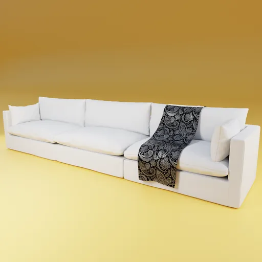 Detailed white slipcovered sectional sofa 3D model with patterned pillow, for Blender rendering.
