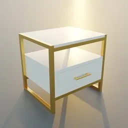 "Modern minimalist white and gold bedside table 3D model for Blender 3D, perfect for interior designers. Features a drawer and beautiful golden details inspired by Evert Collier. Trending on Artstation and Textures.com."