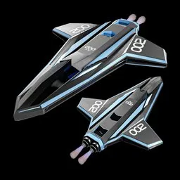 "Spacecraft model for Blender 3D - lightly detailed and versatile. Perfect for animations and renderings with a sleek design featuring metallic arrows and a silver background."
