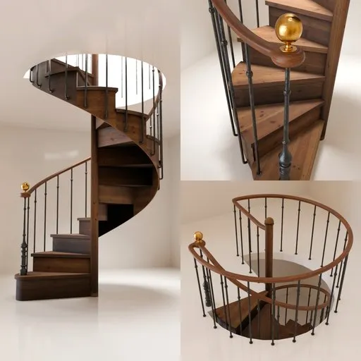 Detailed 3D model of an antique wooden spiral staircase with ornate balusters and polished handrails, Blender compatible.