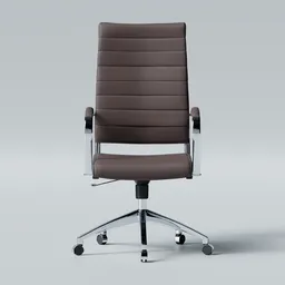 Realistic 3D model of a sophisticated, brown leather office desk chair with metal armrests and a five-wheel base.