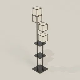"Black and white modern floor lamp on stand, perfect for living rooms or office spaces in Blender 3D. Inspired by Charles Alphonse du Fresnoy, the lamp features a unique design resembling a Jenga tower. Rendered in Redshift, this 3D model is a must-have for lighting in any Blender scene."