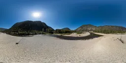 High-resolution panoramic HDR image featuring a sunny river valley with clear skies, ideal for realistic lighting in 3D scenes.