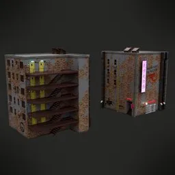 "Explore a Cyberpunk Building in Sci-Fi Urban Landscape, inspired by Josef Block, with a textured base and stairs leading to a fire escape door. Perfect for Cyberpunk 2020, Township, and Necromunda settings in Blender 3D modeling software."