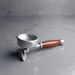 "Double spout Portafilter with a wooden handle 3D model for Blender 3D, ideal for restaurant and bar scenes. Inspired by Raymond Normand, this ultra-minimalistic model features a silver cup and marble countertops, with depth blur for added realism."