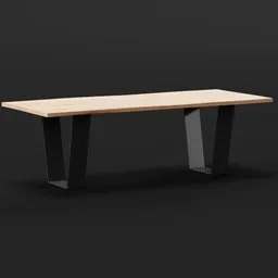 3D model of a modern dining table with wooden top and geometric iron legs, compatible with Blender.