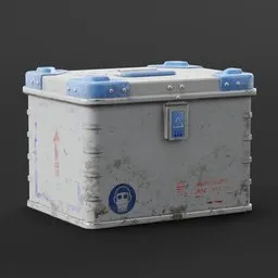 Low poly 3D model of a scratched white and blue Zarges crate, suitable for Blender game and real-time rendering.