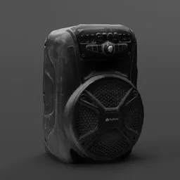 "Hyper-realistic 3D model of a speaker with a speaker box on top, scanned and remeshed in Blender 3D. PBR maps provide lifelike textures, perfect for audio and music visualizations. Ideal for apocalyptic or EDM-themed projects."