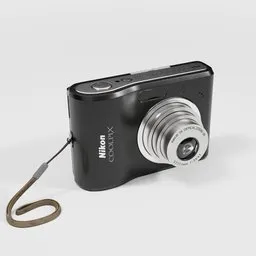 "High-poly Nikon Digital Camera model for Blender 3D, inspired by the sleek waterproof design of the Nikon Coolpix L15. Includes a short animation of the lens opening. Comes with 4k textures for a grainy photorealistic effect."