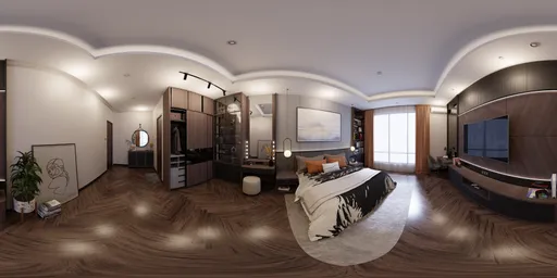 Cozy modern bedroom HDR panorama for realistic lighting in 3D scenes, showcasing wooden floors and ambient lighting.