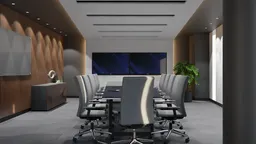 Modern 3D-rendered boardroom with a large table, chairs, and screen, ideal for Blender visualization.