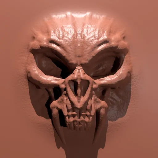 Blender 3D sculpting brush creating detailed demon skull motif for facial features on 3D models.