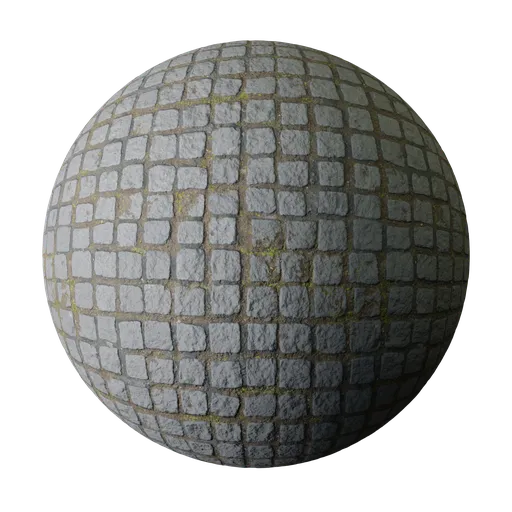 Realistic cobblestone PBR material texture for 3D rendering in Blender with moss and grass accents.
