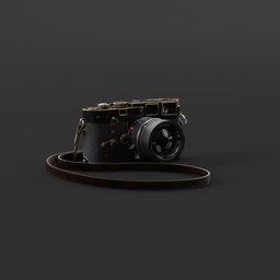 Highly detailed Blender 3D model of a vintage camera with a leather strap on a dark background.