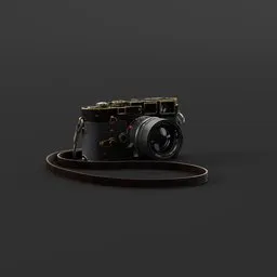 "Camera 01 - A polished 3D model of a camera with a strap on a table, inspired by Vija Celmins, ammo belts, and Abraham Willaerts. This high-resolution product photo in Blender 3D showcases rusted steel, a panoramic anamorphic lens, and a diadem connector. Created by Rajil Jose Macatangay."