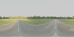 360 HDR panorama of a morning scene with a curving road amid greenery for scene lighting.